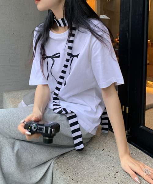 Vipoa（ヴィポア）の「リボンデザインオーバーTee（Tシャツ/カットソー・レディース・ブラック/ホワイト・FREE）」の18枚目の写真