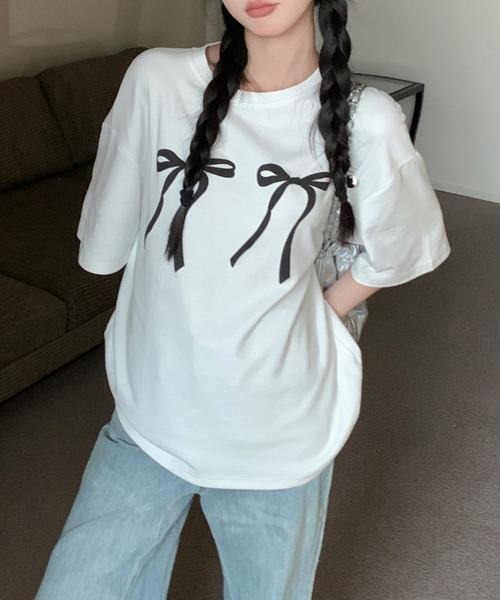 Vipoa（ヴィポア）の「リボンデザインオーバーTee（Tシャツ/カットソー・レディース・ブラック/ホワイト・FREE）」の16枚目の写真