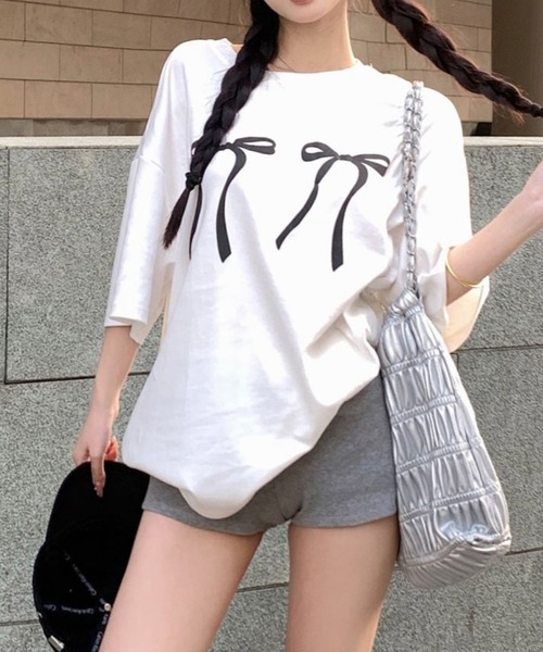 Vipoa（ヴィポア）の「リボンデザインオーバーTee（Tシャツ/カットソー・レディース・ブラック/ホワイト・FREE）」の15枚目の写真