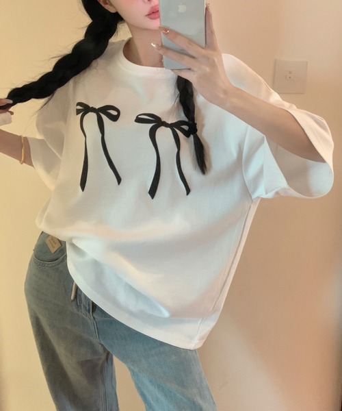 Vipoa（ヴィポア）の「リボンデザインオーバーTee（Tシャツ/カットソー・レディース・ブラック/ホワイト・FREE）」の14枚目の写真