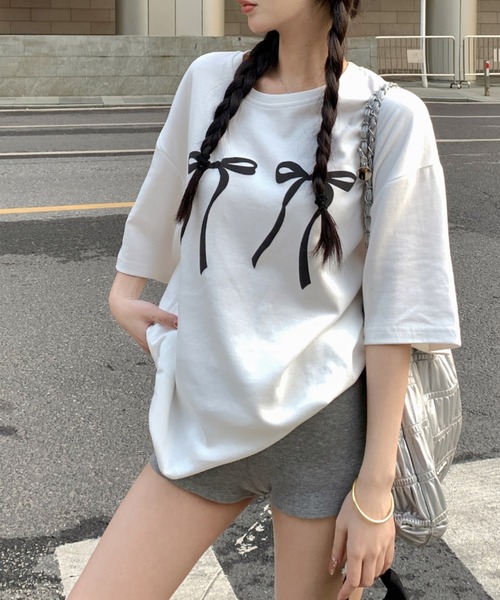 Vipoa（ヴィポア）の「リボンデザインオーバーTee（Tシャツ/カットソー・レディース・ブラック/ホワイト・FREE）」の12枚目の写真