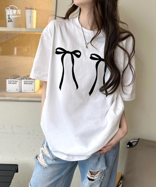 Vipoa（ヴィポア）の「リボンデザインオーバーTee（Tシャツ/カットソー・レディース・ブラック/ホワイト・FREE）」の22枚目の写真