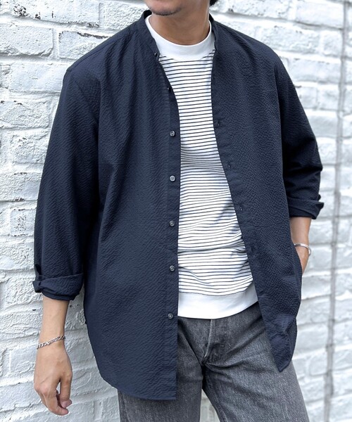 NOLLEY’S（ノーリーズ）の「TCサッカー バンドカラーシャツ（シャツ/ブラウス・メンズ・ブラック系その他/ホワイト/グリーン系その他/ネイビー・M/S/XL/L）」の4枚目の写真