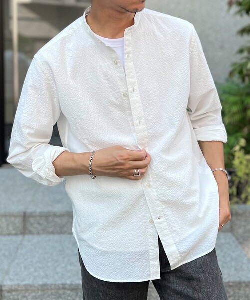 NOLLEY’S（ノーリーズ）の「TCサッカー バンドカラーシャツ（シャツ/ブラウス・メンズ・ブラック系その他/ホワイト/グリーン系その他/ネイビー・M/S/XL/L）」の2枚目の写真