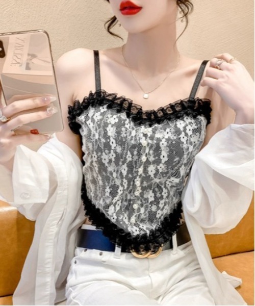 gossip!ロサンゼルス(ゴシップロサンゼルス)の「Y2Kヴィンテージ レース フリルカップ付き フェミニン トレンドレイヤードブラキャミソールインナー(キャミソール・レディース・ブラック/ホワイト・FREE)」の8枚目の写真