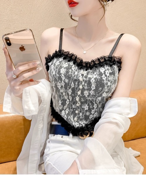 gossip!ロサンゼルス(ゴシップロサンゼルス)の「Y2Kヴィンテージ レース フリルカップ付き フェミニン トレンドレイヤードブラキャミソールインナー(キャミソール・レディース・ブラック/ホワイト・FREE)」の9枚目の写真