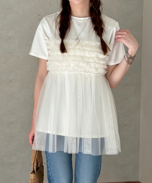 Per sist ence(パーシエンス)の「フリルチュールドッキングTシャツ(Tシャツ/カットソー・レディース・ブラック/オフホワイト/グレー・FREE)」の14枚目の写真