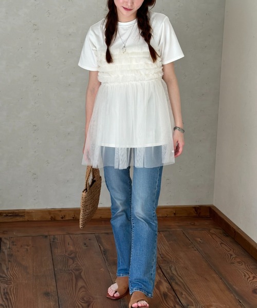 Per sist ence(パーシエンス)の「フリルチュールドッキングTシャツ(Tシャツ/カットソー・レディース・ブラック/オフホワイト/グレー・FREE)」の15枚目の写真