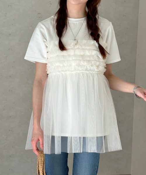 Per sist ence(パーシエンス)の「フリルチュールドッキングTシャツ(Tシャツ/カットソー・レディース・ブラック/オフホワイト/グレー・FREE)」の16枚目の写真