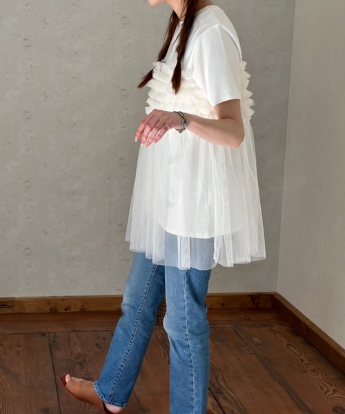 Per sist ence(パーシエンス)の「フリルチュールドッキングTシャツ(Tシャツ/カットソー・レディース・ブラック/オフホワイト/グレー・FREE)」の17枚目の写真