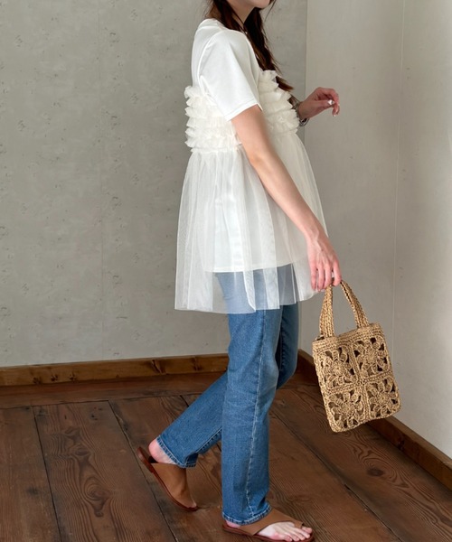 チュールドッキングシシュウTシャツ≪手洗い可能≫ チュールドッキングTシャツ(130 ホワイト): トップス｜Right-on