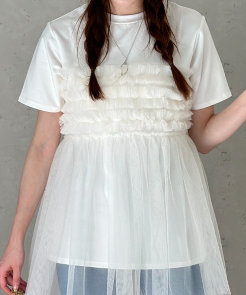 Per sist ence(パーシエンス)の「フリルチュールドッキングTシャツ(Tシャツ/カットソー・レディース・ブラック/オフホワイト/グレー・FREE)」の9枚目の写真