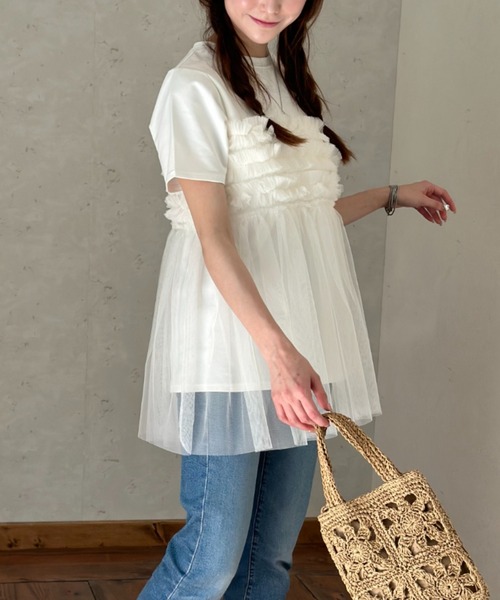 Per sist ence(パーシエンス)の「フリルチュールドッキングTシャツ(Tシャツ/カットソー・レディース・ブラック/オフホワイト/グレー・FREE)」の12枚目の写真