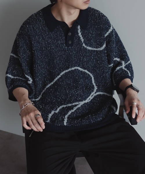 epnok(エプノック)の「ウェーブラインニットポロシャツ(ポロシャツ・メンズ・ブラック/グレイッシュベージュ/ダークブルー・LARGE/SMALL/MEDIUM)」の3枚目の写真