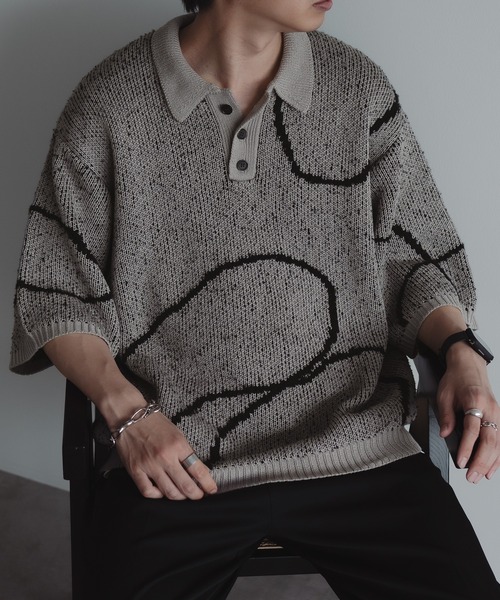 epnok(エプノック)の「ウェーブラインニットポロシャツ(ポロシャツ・メンズ・ブラック/グレイッシュベージュ/ダークブルー・LARGE/SMALL/MEDIUM)」の2枚目の写真