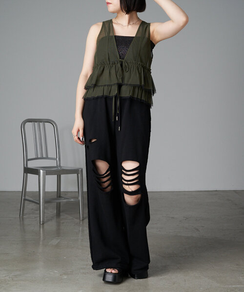 RAY CASSIN（レイカズン）の「チュールベスト（シャツ/ブラウス・レディース・カーキ/ブラック/アイボリー・FREE）」の6枚目の写真