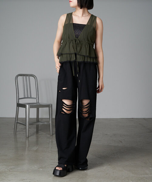 RAY CASSIN（レイカズン）の「チュールベスト（シャツ/ブラウス・レディース・カーキ/ブラック/アイボリー・FREE）」の4枚目の写真