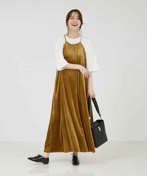 abahouse mavie(アバハウスマヴィ)の「【大人のいちまんワンピ】プリント&ベロアキャミワンピ/冬服(ワンピース・レディース・ブラック系その他/マスタード/チャコールグレー・フリー)」の12枚目の写真