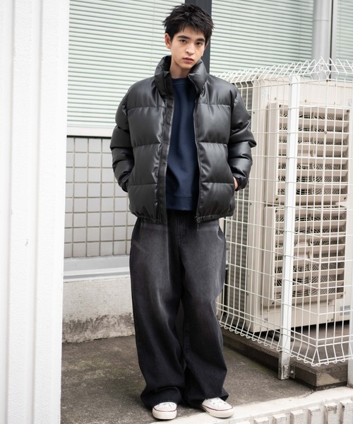 新品タグ付 BURBERRY フェイクレザーブルゾン サイズL グレー メンズ セール】WEGO/フェイクレザーパデッドブルゾン（ダウン