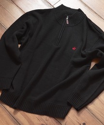 BEVERLY HILLS POLO CLUB（ビバリーヒルズポロクラブ）の「【BEVERLY HILLS POLO CLUB/ビバリーヒルズポロクラブ】ワンポイントロゴ刺繍＆フェイクレザー ジップタグデザイン ハーフジップ長袖ニット/オーバーサイズ（ニット/セーター・メンズ）」