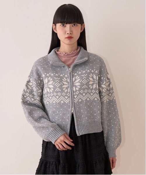 Mi-je(ミジェ)の「ノルディックZIPニット【韓国ファッション】(カーディガン/ボレロ・レディース・アイボリー/ブラック/グレー/エンジ・F)」の1枚目の写真