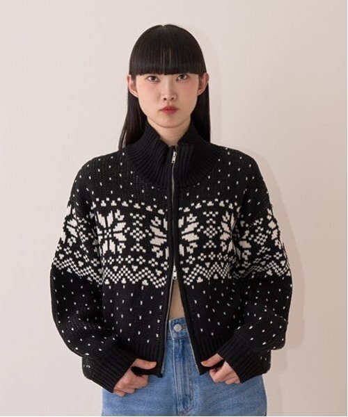 Mi-je(ミジェ)の「ノルディックZIPニット【韓国ファッション】(カーディガン/ボレロ・レディース・アイボリー/ブラック/グレー/エンジ・F)」の3枚目の写真