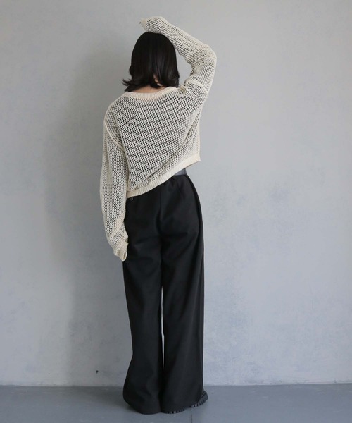 美品 シェリエsheller ZIPPERニットトップス ブラック cheriella】メッシュ風ルーズニット ショート丈トップス（ニット