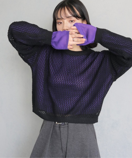 ニット セーター sheer double line knit / シアーダブルラインニット レディース SLY ニット セーター DUAL COLOR FRONT ZIP KNIT TOPS デュアル