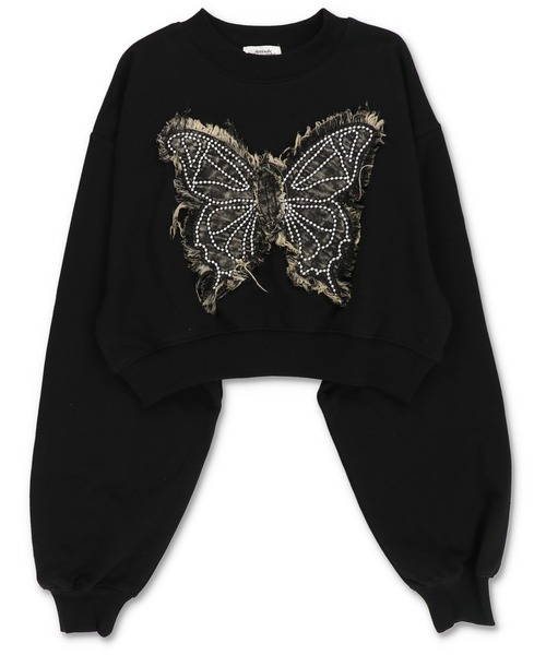 SPINNS（スピンズ）の「ショート丈スウェット/バタフライデニムワッペン（スウェット・レディース・ブラック系その他/ブラック/カーキ/ブラウン・ONESIZE）」の2枚目の写真