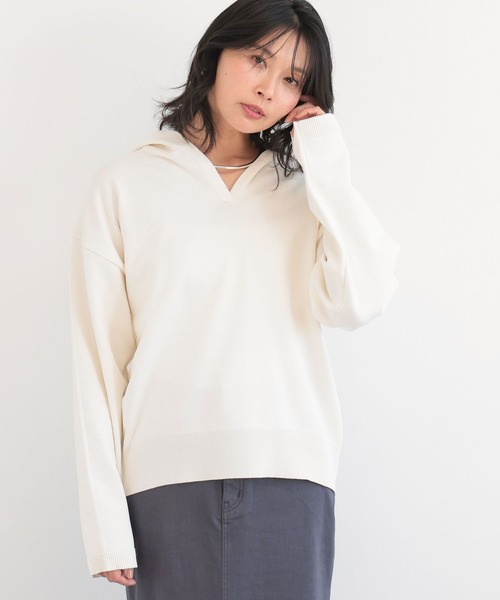 BARNYARDSTORM（バンヤードストーム）の「BARNYARDSTORM / スキッパーフーディーニットパーカー / ハンドウォッシャブル（パーカー・レディース・ベージュ/ホワイト・FREE）」の4枚目の写真