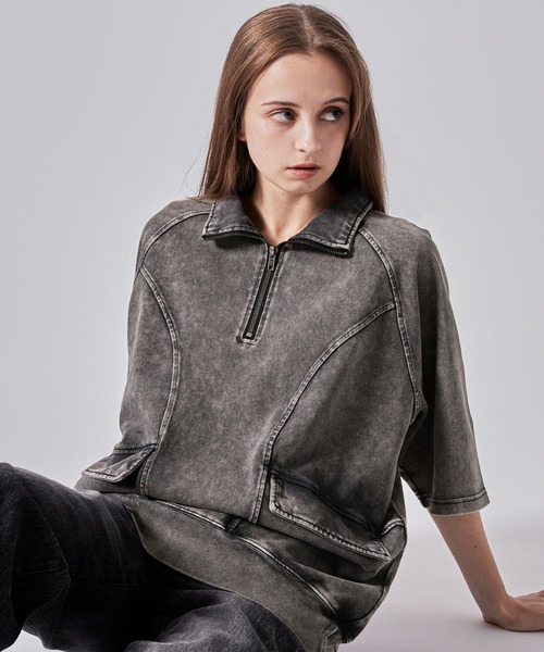 CLEL】Heavy Weight Vintage Design Short Sleeve Half Zip T