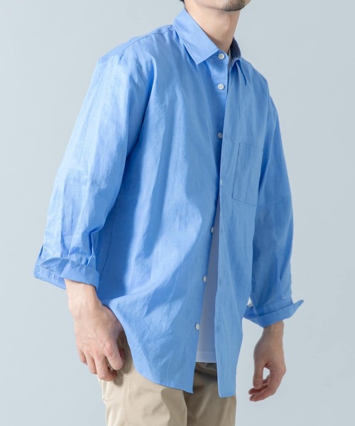 美品 Plantation 2022SS コットンリネン ワイドシャツ ゆったり SHIPS any: コットン/リネン ストライプ 7分袖 レギュラー シャツ