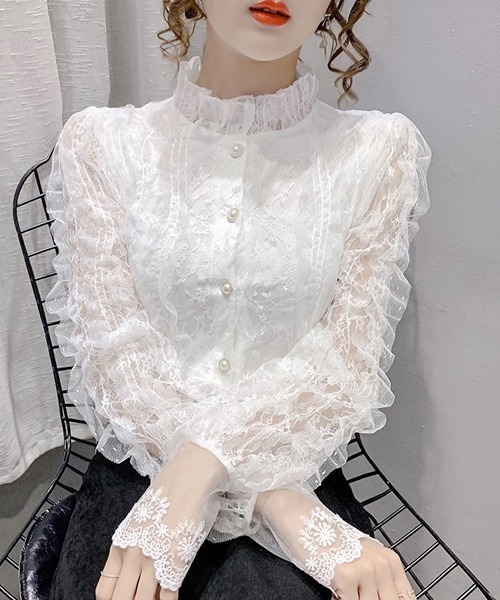 Dream garden(ドリームガーデン)の「レースフリルシャツブラウス(シャツ/ブラウス・レディース・ライトベージュ/ホワイト・M/2XL/XL/L)」の1枚目の写真