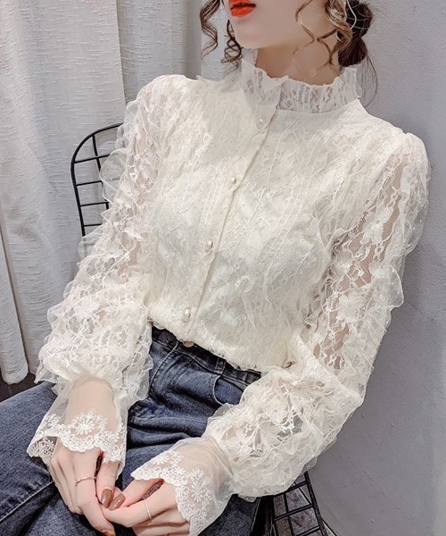 Dream garden(ドリームガーデン)の「レースフリルシャツブラウス(シャツ/ブラウス・レディース・ライトベージュ/ホワイト・M/2XL/XL/L)」の2枚目の写真