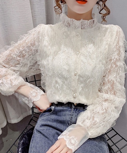 Dream garden(ドリームガーデン)の「レースフリルシャツブラウス(シャツ/ブラウス・レディース・ライトベージュ/ホワイト・M/2XL/XL/L)」の13枚目の写真