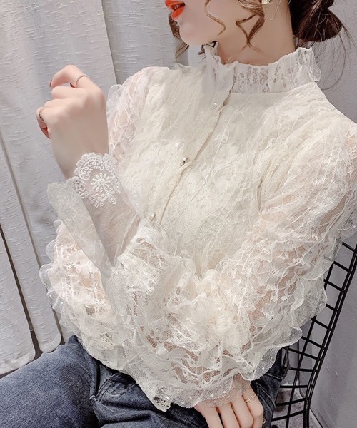 Dream garden(ドリームガーデン)の「レースフリルシャツブラウス(シャツ/ブラウス・レディース・ライトベージュ/ホワイト・M/2XL/XL/L)」の6枚目の写真
