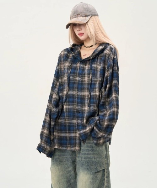 FreeZone(フリーゾーン)の「【新色展開】フーディー ヴィンテージライク チェックシャツ(シャツ/ブラウス・メンズ・ブルー/ブラウン・F)」の19枚目の写真