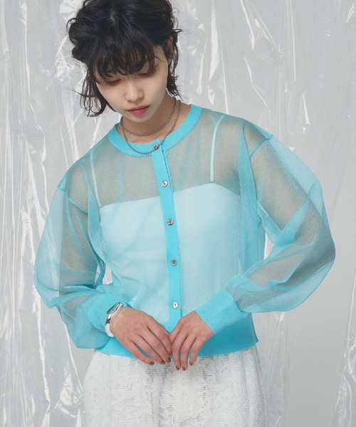 ELLEgirl（エルガール）の「シアーニットカーディガン（カーディガン/ボレロ・レディース・オレンジ/ピンク/アイボリー/ブルー・FREE）」の3枚目の写真