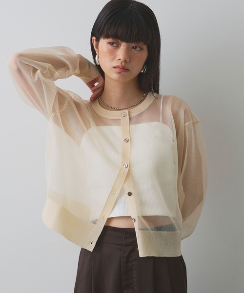 ELLEgirl（エルガール）の「シアーニットカーディガン（カーディガン/ボレロ・レディース・オレンジ/ピンク/アイボリー/ブルー・FREE）」の2枚目の写真