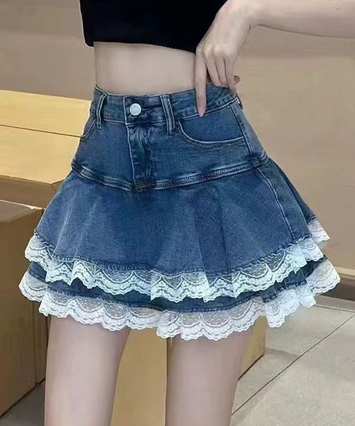 gossip!ロサンゼルス(ゴシップロサンゼルス)の「2 段ラッフルレースデニムミニスカート インナーショーツ付き レディース ハイウエスト Y2K 3 色(デニムスカート・レディース・ブラック/ブルー/ホワイト・M/S/L)」の22枚目の写真