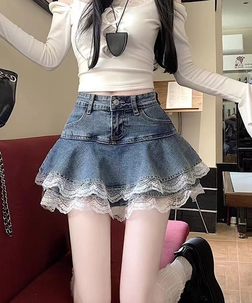 gossip!ロサンゼルス(ゴシップロサンゼルス)の「2 段ラッフルレースデニムミニスカート インナーショーツ付き レディース ハイウエスト Y2K 3 色(デニムスカート・レディース・ブラック/ブルー/ホワイト・M/S/L)」の17枚目の写真