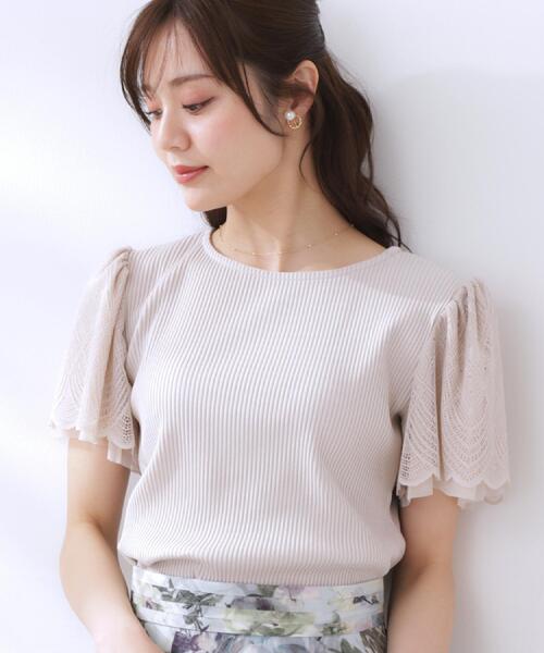 couture brooch（クチュールブローチ）の「【二の腕カバー・通勤】レース袖テレコトップス（Tシャツ/カットソー・レディース・ライトグレー/サックスブルー/オフホワイト/ボルドー/ブラウン系その他/ブラック・36/42/38/40）」の3枚目の写真