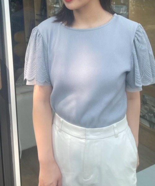 couture brooch（クチュールブローチ）の「【二の腕カバー・通勤】レース袖テレコトップス（Tシャツ/カットソー・レディース・ライトグレー/サックスブルー/オフホワイト/ボルドー/ブラウン系その他/ブラック・36/42/38/40）」の19枚目の写真