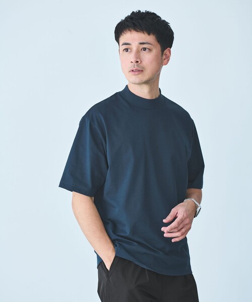 green label relaxing（グリーンレーベルリラクシング）の「【WEB限定】JUST fit デイリー モック 半袖 Ｔシャツ カットソー -吸水速乾・抗菌-（Tシャツ/カットソー・メンズ・ホワイト/ネイビー/ブラック/ライトグレー/モカ/ターコイズブルー系・M/S/L/XL）」の5枚目の写真
