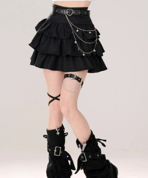 gossip!ロサンゼルス(ゴシップロサンゼルス)の「Y2Kティアードミニスカート 個性×レイヤードデザイン(スカート・レディース・ブラック・FREE)」の4枚目の写真