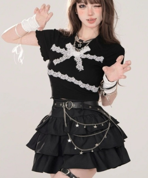 gossip!ロサンゼルス(ゴシップロサンゼルス)の「Y2Kティアードミニスカート 個性×レイヤードデザイン(スカート・レディース・ブラック・FREE)」の13枚目の写真