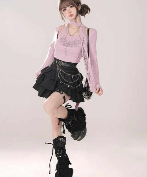 gossip!ロサンゼルス(ゴシップロサンゼルス)の「Y2Kティアードミニスカート 個性×レイヤードデザイン(スカート・レディース・ブラック・FREE)」の19枚目の写真
