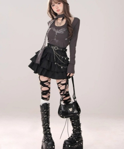 gossip!ロサンゼルス(ゴシップロサンゼルス)の「Y2Kティアードミニスカート 個性×レイヤードデザイン(スカート・レディース・ブラック・FREE)」の21枚目の写真