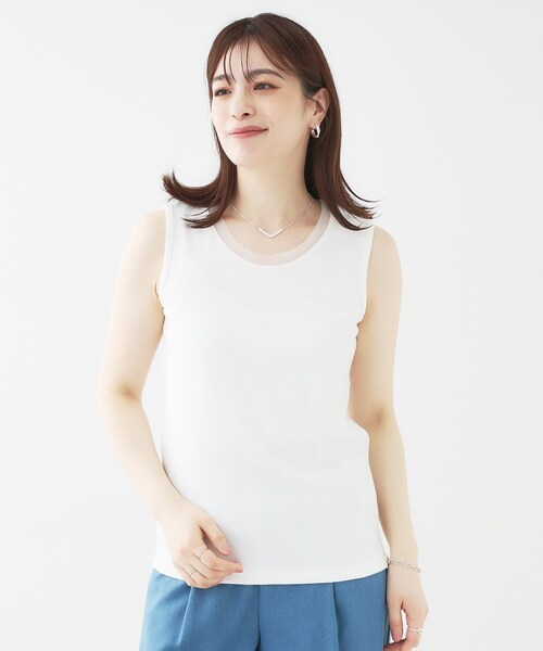 SHOO・LA・RUE(シューラルー)の「【洗える/S-LL】シアーネックがこなれ見え リブタンクトップ(Tシャツ/カットソー・レディース・ホワイト/ブラック/ダークグレー/ライトグリーン・01/02/03/04)」の6枚目の写真