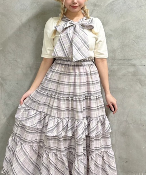 グレー チェック柄 シャツ スカート セット　Fint ギンガムチェックシャツ+プリーツミモレスカートセットアップ